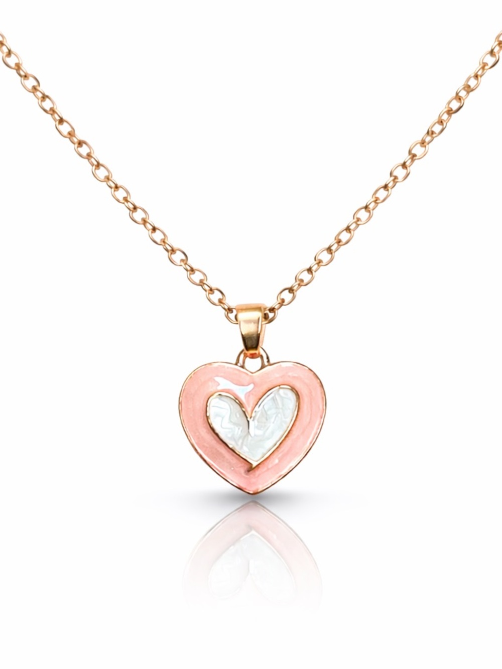 Gold-Tone Pink Heart Pendant Necklace with White Inlay